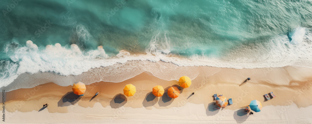 Φωτογραφία A stunning aerial view of a tropical beach paradise with colorful umbrellas, waves, and people enjoying leisure activities, perfect for travel promotion