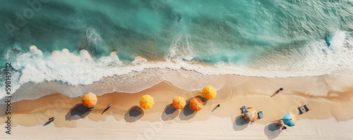 Photo A stunning aerial view of a tropical beach paradise with colorful umbrellas, waves, and people enjoying leisure activities, perfect for travel promotion