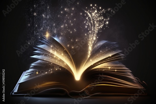 Magic Book with Open Pages and Abstract Lights: A Fairytale Literature Concept - Generative AI