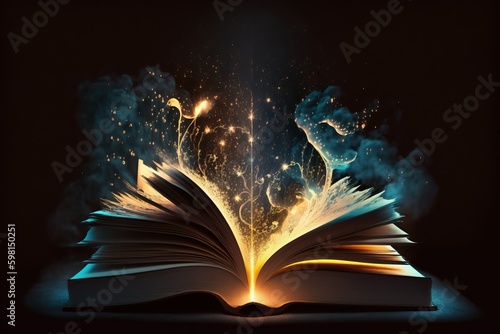 Magical Book: Open Pages and Abstract Lights Illuminate Darkness - Generative AI © Rysak