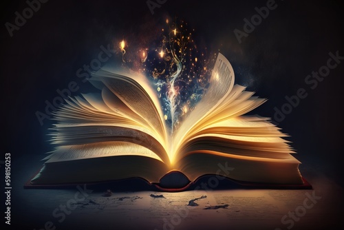 Magic Book with Open Pages and Abstract Lights: A Literature and Fairytale Concept - Generative AI