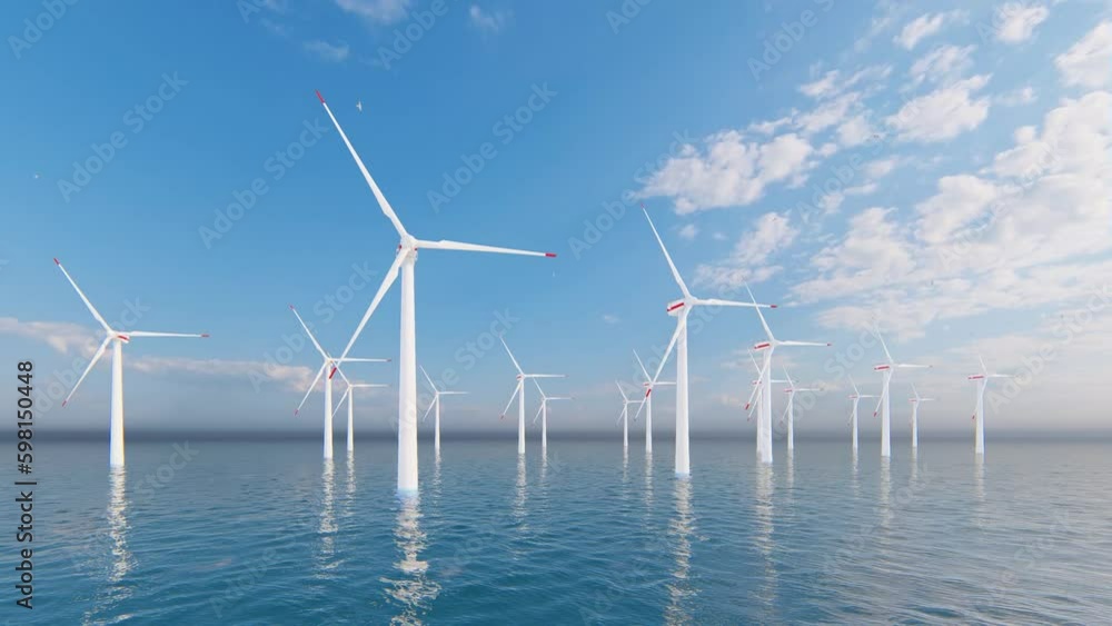 4K ULTRA HD. Offshore wind turbines farm on the ocean. 3D Animation. Sustainable energy production, clean power. 4K ULTRA HD. Offshore wind turbines farm on the ocean. 3D Animation. Sustainable energy production, clean power.