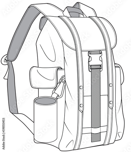 mountain bag traveling adventure trekking backpack flat sketch vector illustration technical cad drawing template