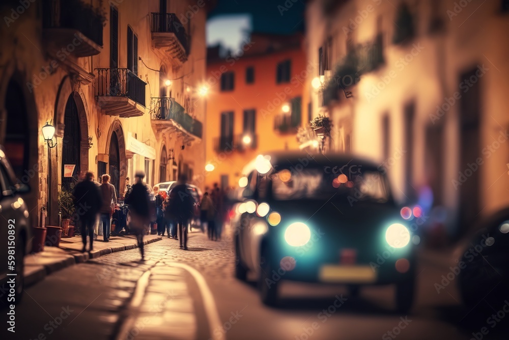 Nightlife in Medieval Italy: Pedestrians and Cars in Illuminated Streets - Generative AI