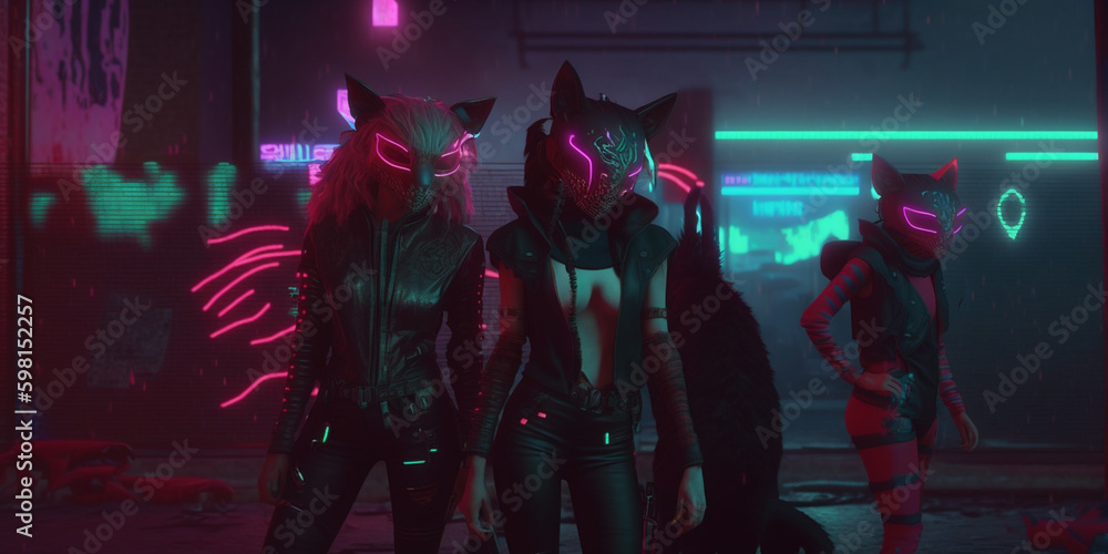 Obraz premium Cyberpunk Style Street Cat Gangs on the Prowl in Futuristic Neon lit Street Cat City