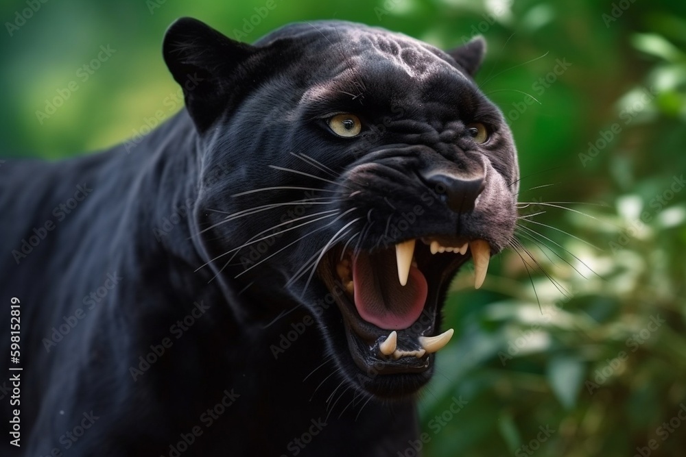 Close up portrait of a black panther in a jungle illustrated using generative Ai