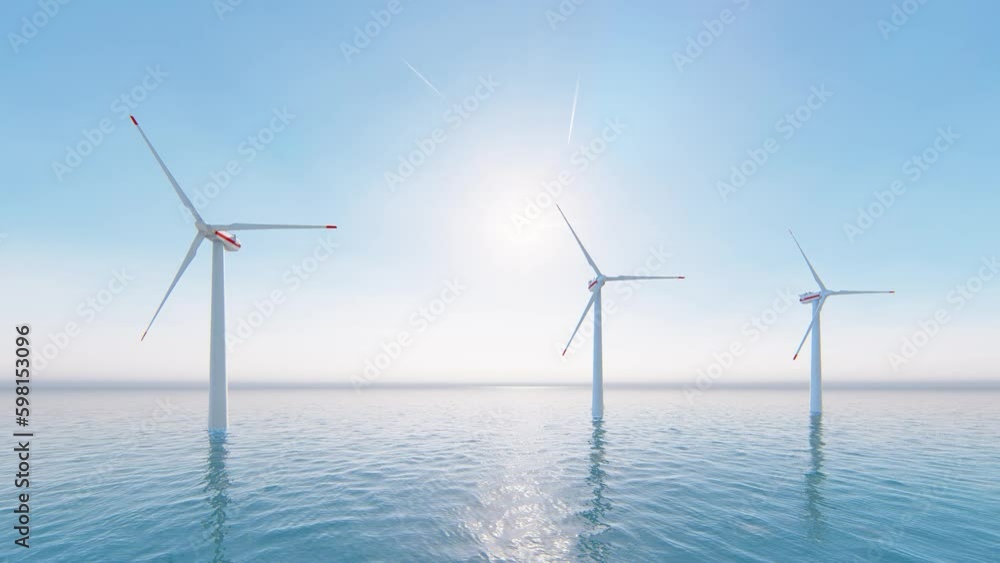 4K ULTRA HD. Offshore wind turbines farm on the ocean. Sustainable energy production, clean power. 3D Animation. 4K ULTRA HD. Offshore wind turbines farm on the ocean. Sustainable energy production, clean power. 3D Animation.