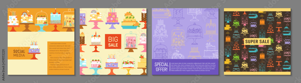 Birthday cakes trendy cover or square card design set. Delicious sweet bakery pattern page flyer, notebook planner. Brochure social media catalog. Cupcake pastries page happy background Generative AI