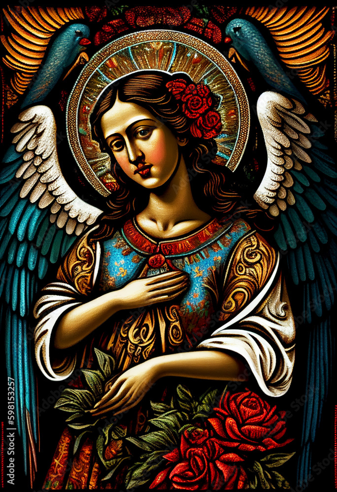 Fototapeta premium dark-skinned angel in the style of Mexican painting, generative AI