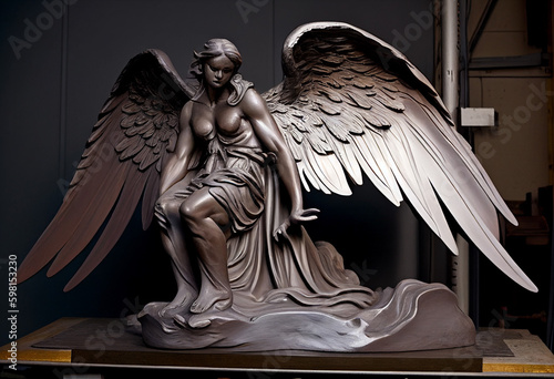 white angel sculpture, angel pedestal, angel statue, generative AI