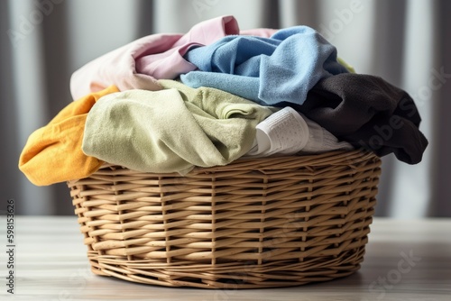 Clothes in laundry basket. Laundry concept. Generative AI
