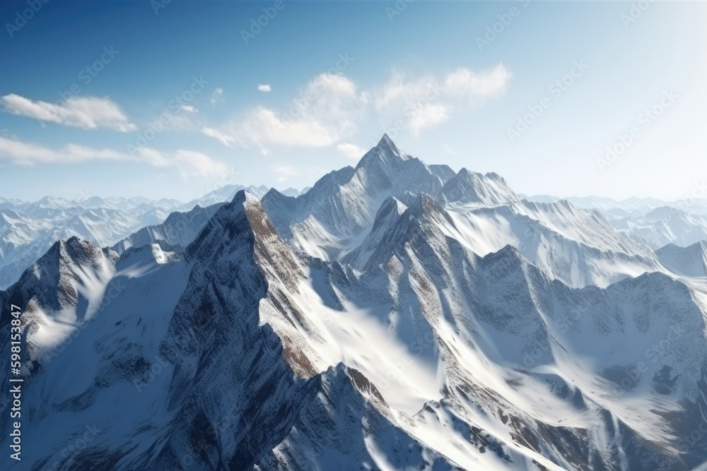 Beautiful view of high mountains on top covered by snow, high mountains like the alps, in a beautiful winter scenery. Generative AI.