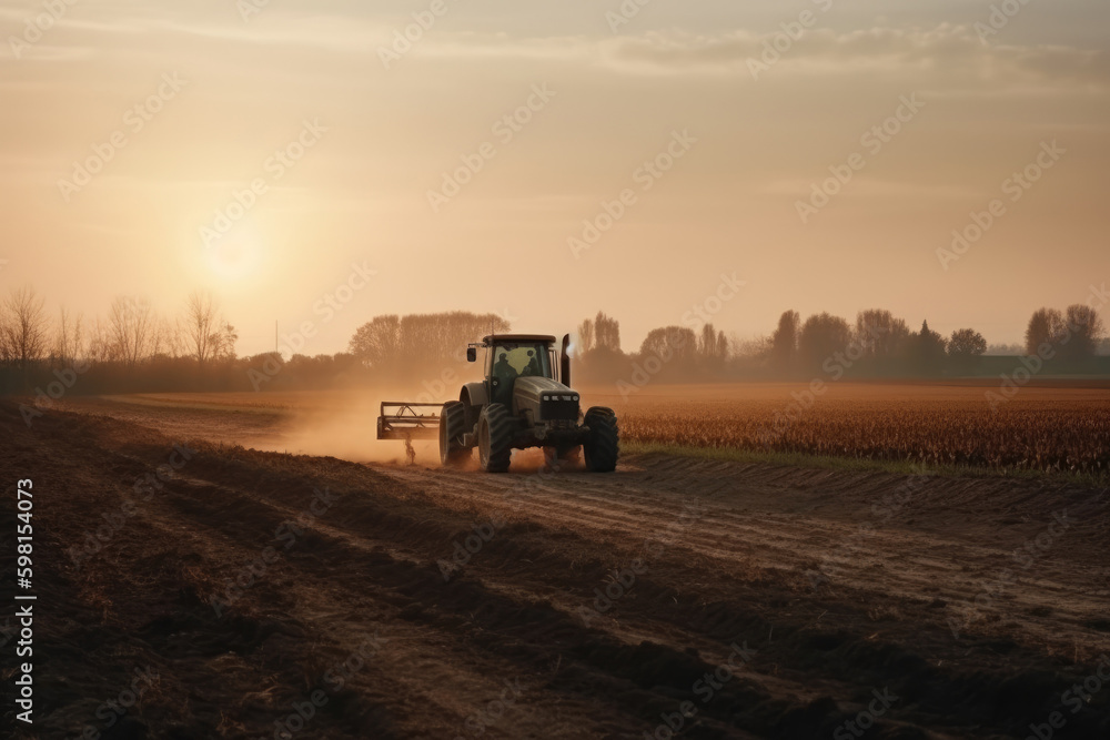 Fototapeta premium Tractor drives across large field making special beds for soil and farming, the concept of cultivating the field, agricultural work, sunset. Generative AI.