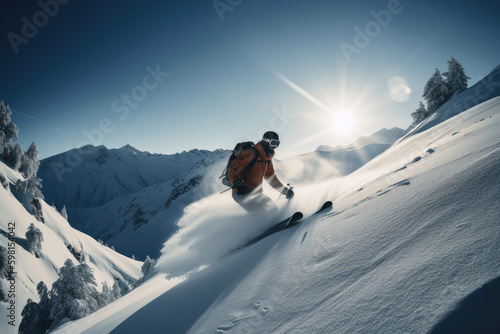 Skier going down the slope from a high mountain in winter, the concept of travel and rest in the mountains on skis. Generative AI.