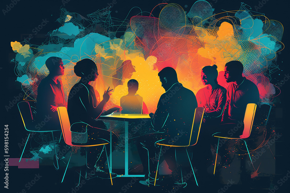 Group of people work together and solving problems. Artistic brainstorming session with a vibrant color scheme and focused lighting. Generative AI, AI. - obrazy, fototapety, plakaty 