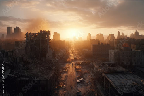 Realistic, destroyed cityscape at sunrise. Generative ai.
