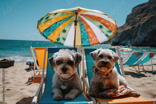 Two dogs living their best life on a beach chair under a parasol, donning sunglasses, with a gorgeous sea in the background. Generative ai. © Sebastian