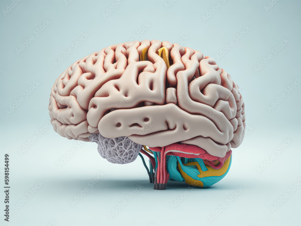 Side view of the brain in pastel colors, minimalist concept, creativity. Generative AI, AI.