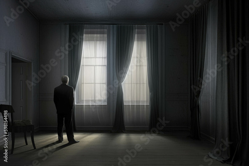 A closed window curtains the interior of a room where a lonely man wearing a black suit mourns his lost Psychology emotions concept. AI generation. Generative AI © Justlight