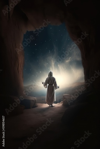 Jesus after the resurrection, Jesus is risen bible verse, Jesus praying, Jesus doing meditations, Jesus at night, Jesus with followers, dramatic environment, dramatic lighting, desert lighting