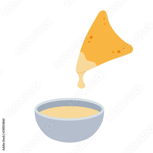 Nachos with cheese sauce. Traditional Mexican food. Corn tortilla chips. Hand-drawn colored flat vector illustration isolated on white background.