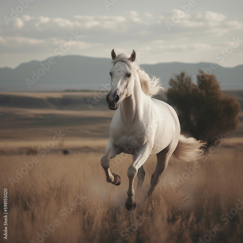 a white horse running on the meadow