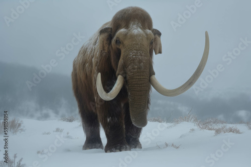 A stoic mammoth imposing against a backdrop of nearconstant snowfall.. AI generation. Generative AI