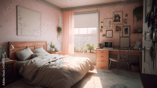 Modern bedroom interior design in pastel colors. Generative AI