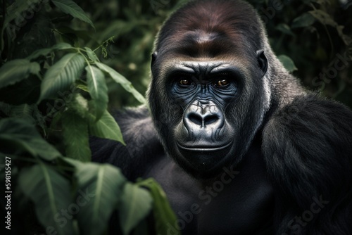 Close up portrait of a gorilla in the jungle illustrated using generative Ai © Grego