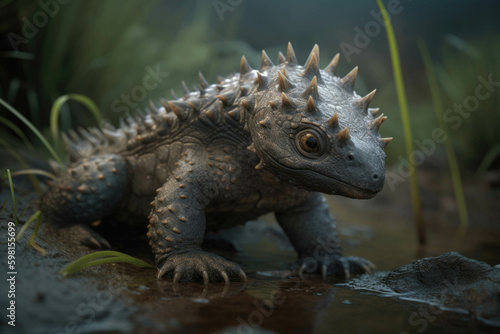 A baby Sauropelta cautiously plodding through a marsh its spiny armor bristling.. AI generation. Generative AI