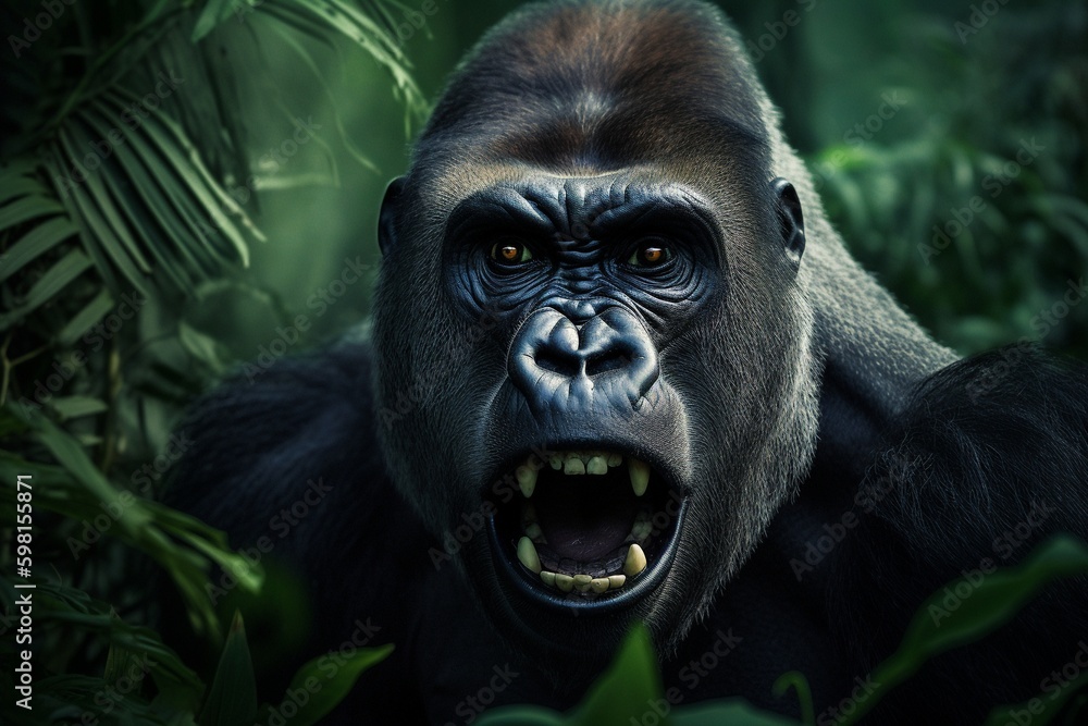 Fototapeta premium Close up portrait of a gorilla in the jungle illustrated using generative Ai