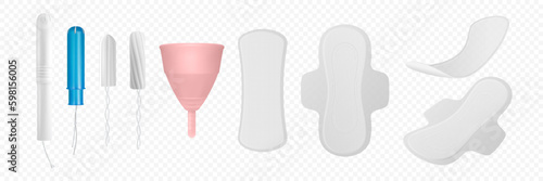 Vector 3d Realistic Menstrual Hygiene Products - Tampon, Tampon with Applicator, Menstrual Cup and Sanitary Pad Icon Set Closeup Isolated. Feminine Hygiene Icons - Sanitary Menstrul Pads, Tampons, Cup