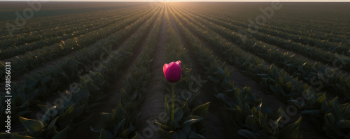 A single tulip standing tall against a piercing dawn.. AI generation. Generative AI photo