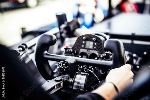 A closeup of the driver’s pit of an openwheel race car with its intricate instrumentation and controls. Speed drive concept. AI generation. Generative AI