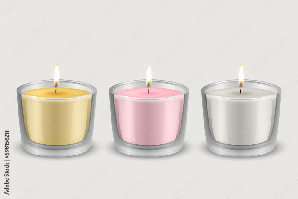 Vector 3d Realistic Yellow, Pink, White Paraffin or Wide Wax Burning Party, Spa Candle in Transparent Glass Cup, Bowl with Flame of a Candle Icon Set Isolated. Design Template, Front View Vector 3d Realistic Yellow, Pink, White Paraffin or Wide Wax Burning Party, Spa Candle in Transparent Glass Cup, Bowl with Flame of a Candle Icon Set Isolated. Design Template, Front View
