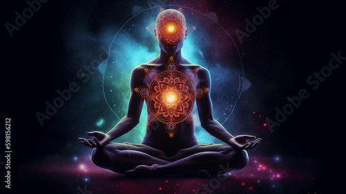 cosmic rebirth, life creation through, deep meditation and chakras, focus point, meditation, Generative AI