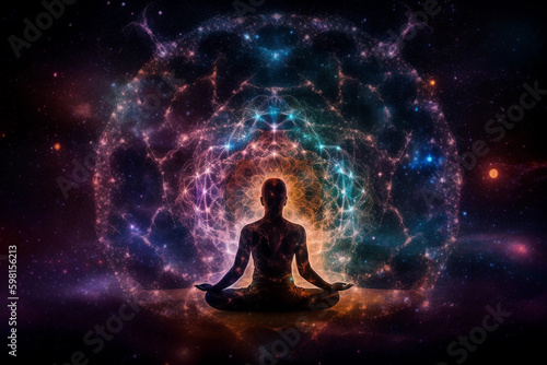 cosmic rebirth, life creation through, deep meditation and chakras, focus point, meditation, Generative AI © Vincent