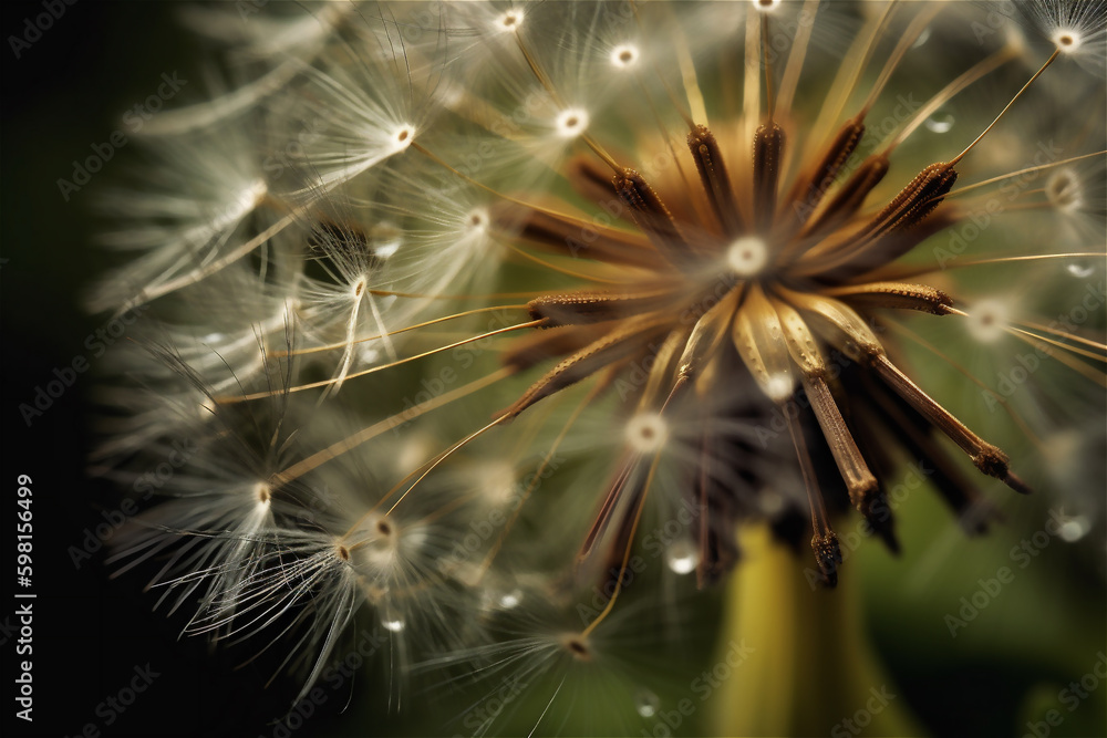 Obraz premium dandelion seed macro. parachutes dandelion on a dark background. AI generated content.
