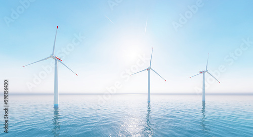 Ocean Wind Farm. Windmill farm in the ocean. Offshore wind turbines in the sea. 