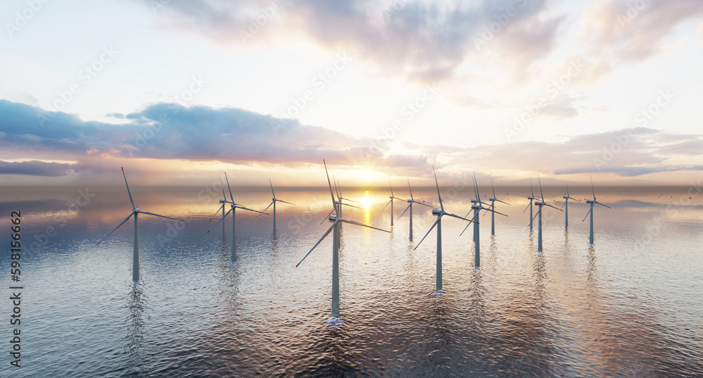 Offshore wind turbines farm on the ocean. Sustainable energy production, clean power. Close-up wind turbine. 3D Rendering. Offshore wind turbines farm on the ocean. Sustainable energy production, clean power. Close-up wind turbine. 3D Rendering.
