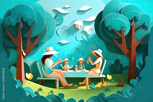 Mother and children enjoying a relaxing picnic in the meadow on Mother's Day, gentle breeze and scenic landscape, paper cut style, 8K vibrant colors, Generative AI, Generative, AI