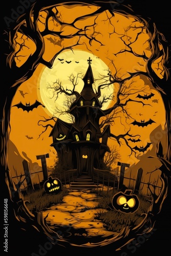 Wallpaper Mural halloween poster trees pumpkins bats scene creepy house flat color background ou
