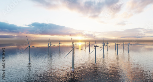 Offshore wind turbines farm on the ocean. Sustainable energy production  clean power. Close-up wind turbine. 3D Rendering.