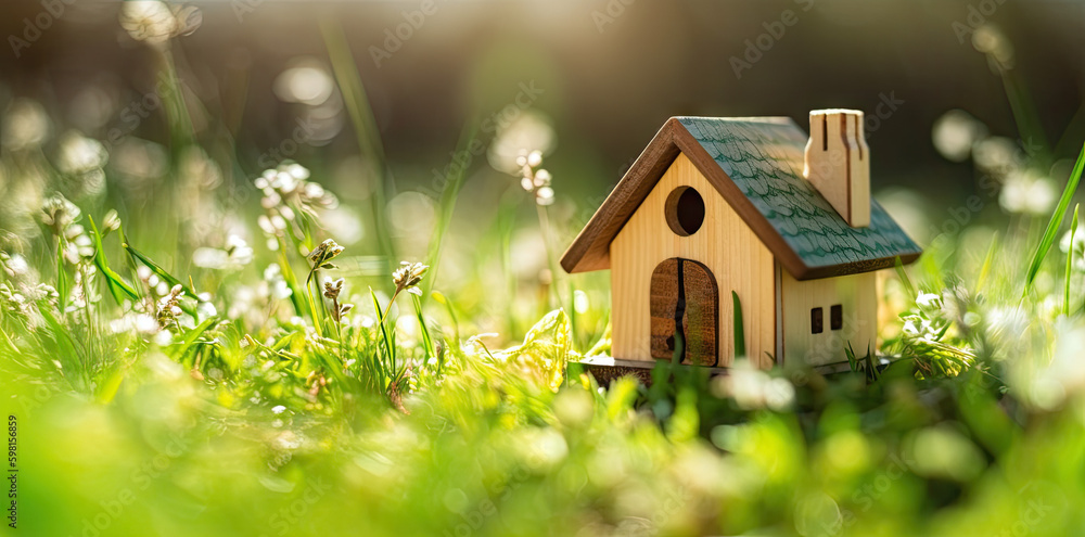 Miniature house in spring grass, moss and ferns on a sunny day created with Generative AI technology Miniature house in spring grass, moss and ferns on a sunny day created with Generative AI technology