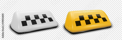 Vector 3d Realistic White and Yellow French Taxi Sign Icon Set Closeup Isolated. Design template for Taxi Service, Mockup. Half Turn View
