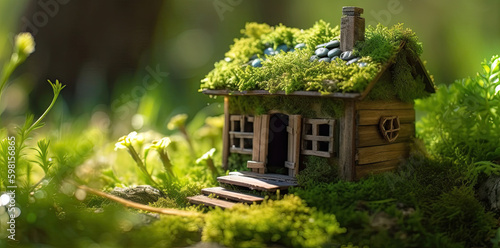 Miniature house in spring grass, moss and ferns on a sunny day created with Generative AI technology © Laughing Cat