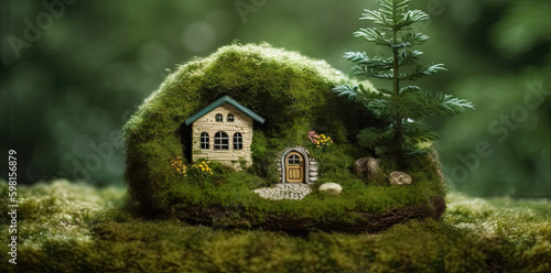 Miniature house in spring grass, moss and ferns on a sunny day created with Generative AI technology