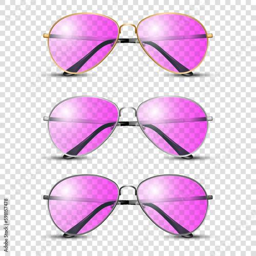 Vector 3d Realistic Frame Glasses with Pink Glass. Black, Golden, Silver Color Frame. Pink Transparent Sunglasses for Women and Men, Accessory. Optics, Lens, Vintage, Trendy Glasses. Front View