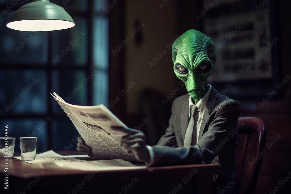 The alien reads the newspaper. Background with selective focus. AI generated, human enhanced The alien reads the newspaper. Background with selective focus. AI generated, human enhanced