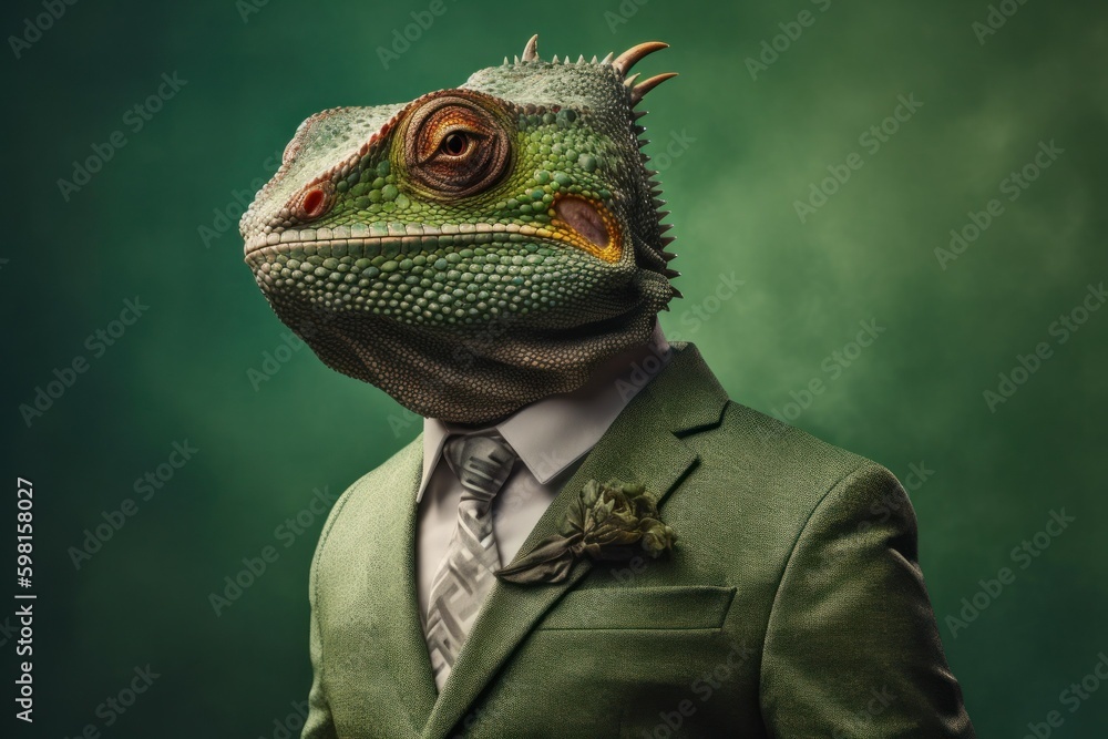 Anthropomorphic chameleon dressed in a suit like a businessman. business concept. AI generated, human enhanced Anthropomorphic chameleon dressed in a suit like a businessman. business concept. AI generated, human enhanced